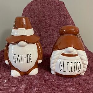 Rae Dunn male and female “Gather” and “Blessed” gnome pair decor.